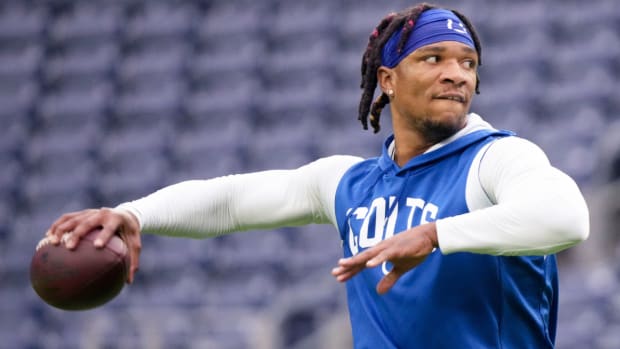 Colts quarterback Anthony Richardson throws a pass during warm-ups.